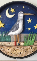 Wader in Moonlight 3-D illustrated Artwork in vintage tin lid