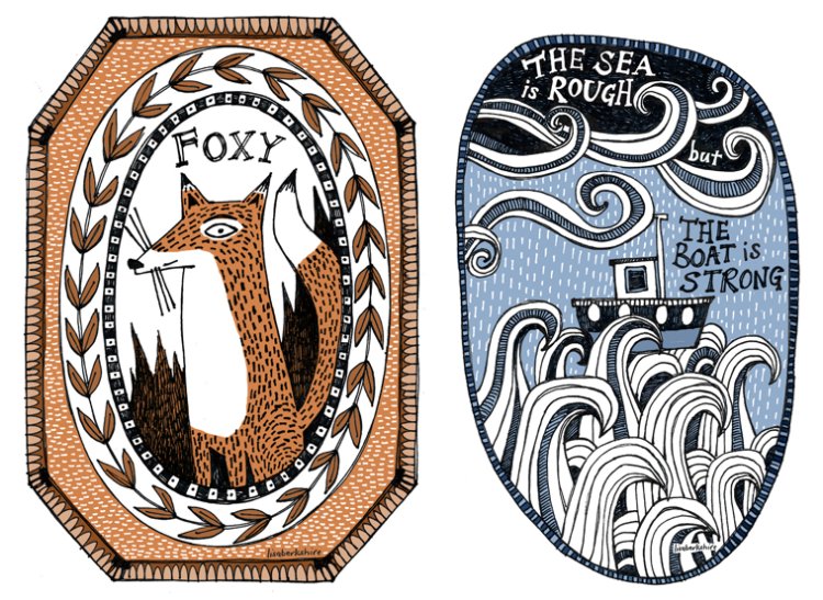 Scrimshaw inspired artworks. 'Foxy' and 'The Boat is Strong'.