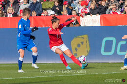 Katrine Veje (#11 Denmark) with a shot in the World Cup qualifier Denmark vs Azerbaijan at Energi Viborg Arena in Viborg, Denmark