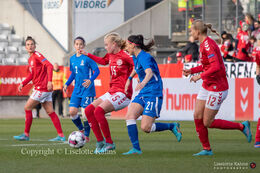 Battle for the ball in the World Cup qualifier Denmark vs Azerbaijan at Energi Viborg Arena in Viborg, Denmark