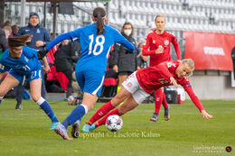 Stine Larsen (#12 Denmark) sent down in the World Cup qualifier Denmark vs Azerbaijan at Energi Viborg Arena in Viborg, Denmark
