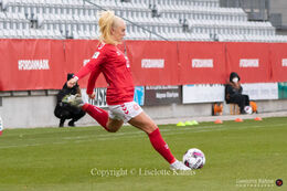 Sofie Svava (#23 Denmark) with a shot in the World Cup qualifier Denmark vs Azerbaijan at Energi Viborg Arena in Viborg, Denmark