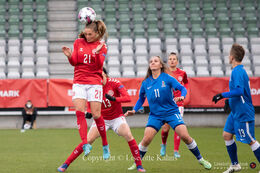 Mille Gejl Jensen (#21 Denmark) with a header in the World Cup qualifier Denmark vs Azerbaijan at Energi Viborg Arena in Viborg, Denmark