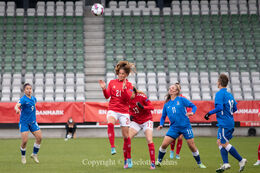 Mille Gejl Jensen (#21 Denmark) with a header in the World Cup qualifier Denmark vs Azerbaijan at Energi Viborg Arena in Viborg, Denmark