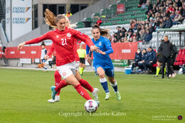 Mille Gejl Jensen (#21 Denmark) preparing for a shot in the World Cup qualifier Denmark vs Azerbaijan at Energi Viborg Arena in Viborg, Denmark