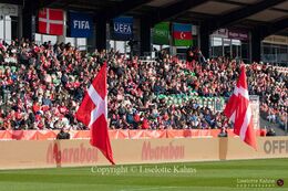 Fans in the stands in the World Cup qualifier Denmark vs Azerbaijan at Energi Viborg Arena in Viborg, Denmark