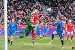 Action in front of Azerbaijan's goal in the World Cup qualifier Denmark vs Azerbaijan at Energi Viborg Arena in Viborg, Denmark