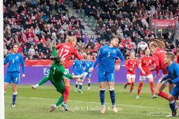 Karen Holmgaard (#4 Denmark) with a header in the World Cup qualifier Denmark vs Azerbaijan at Energi Viborg Arena in Viborg, Denmark