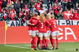 Celebration of Karen Holmgaard's (#4 Denmark) goal in the World Cup qualifier Denmark vs Azerbaijan at Energi Viborg Arena in Viborg, Denmark