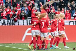 Celebration of Karen Holmgaard's (#4 Denmark) goal in the World Cup qualifier Denmark vs Azerbaijan at Energi Viborg Arena in Viborg, Denmark