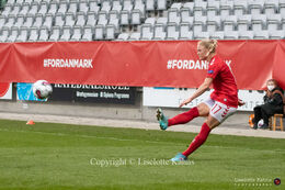 Rikke Madsen (#17 Denmark) with a shot in the World Cup qualifier Denmark vs Azerbaijan at Energi Viborg Arena in Viborg, Denmark