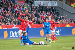 Rikke Madsen (#17 Denmark) with a shot in the World Cup qualifier Denmark vs Azerbaijan at Energi Viborg Arena in Viborg, Denmark