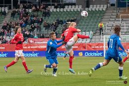 Rikke Madsen (#17 Denmark) battles for the ball in the World Cup qualifier Denmark vs Azerbaijan at Energi Viborg Arena in Viborg, Denmark
