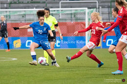 Sofie Bredgaard (#20 Denmark) with a shot in the World Cup qualifier Denmark vs Azerbaijan at Energi Viborg Arena in Viborg, Denmark