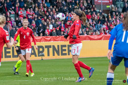 Sofie Junge (#13 Denmark) controlling the ball in the World Cup qualifier Denmark vs Azerbaijan at Energi Viborg Arena in Viborg, Denmark