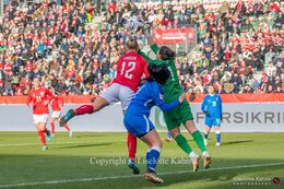 Battle for the ball in the World Cup qualifier Denmark vs Azerbaijan at Energi Viborg Arena in Viborg, Denmark