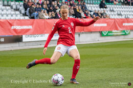 Sara Thrige preparing for a shot in the World Cup qualifier Denmark vs Azerbaijan at Energi Viborg Arena in Viborg, Denmark