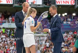 Leah Williamson (#8 England) receives the trophy as a captain for the lionesses in the Women's Euro 2022 Final England vs Germany at Wembley Stadium, London, England
