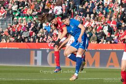 Sara Thrige preparing for a shot in the World Cup qualifier Denmark vs Azerbaijan at Energi Viborg Arena in Viborg, Denmark