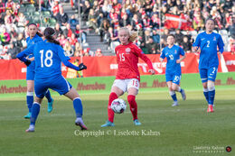 Kathrine Møller Kühl with a shot in the World Cup qualifier Denmark vs Azerbaijan at Energi Viborg Arena in Viborg, Denmark