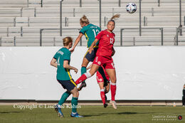 Stine Larsen (#12 Denmark) heading for the ball in the friendly match Denmark vs. Australia at "Casa Arena" Stadium in Horsens, Denmark