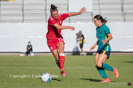 Katrine Veje (#11 Denmark) blocking a shot in the friendly match Denmark vs. Australia at "Casa Arena" Stadium in Horsens, Denmark