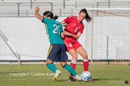 Battle for the ball in the friendly match Denmark vs. Australia at "Casa Arena" Stadium in Horsens, Denmark