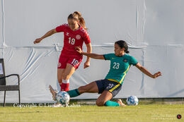 Battle for the ball in the friendly match Denmark vs. Australia at "Casa Arena" Stadium in Horsens, Denmark