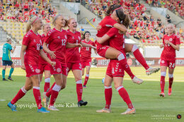 Celebration of Rikke Sevecke's (#4 Denmark) goal in the friendly match Denmark vs. Australia at "Casa Arena" Stadium in Horsens, Denmark