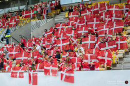 A lot of fans celebrating they can finally again cheer in the stands during the friendly match Denmark vs. Australia at "Casa Arena" Stadium in Horsens, Denmark