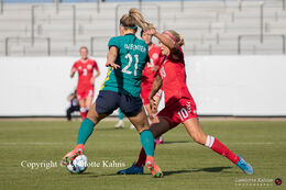 Battle for the ball in the friendly match Denmark vs. Australia at "Casa Arena" Stadium in Horsens, Denmark