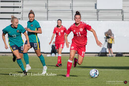 Katrine Veje (#11 Denmark) running for the ball in the friendly match Denmark vs. Australia at "Casa Arena" Stadium in Horsens, Denmark
