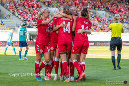 Celebration of Rikke Sevecke's (#4 Denmark) goal in the friendly match Denmark vs. Australia at "Casa Arena" Stadium in Horsens, Denmark