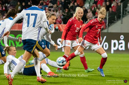 Sara Thrige (#2 Denmark) battling for the ball in the World Cup qualifier Denmark vs Bosnia and Herzegovina at Energi Viborg Arena in Viborg, Denmark