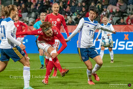 Signe Bruun (#22 Denmark) with a shot in the World Cup qualifier Denmark vs Bosnia and Herzegovina at Energi Viborg Arena in Viborg, Denmark