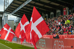 Danish fans in the stands at the World Cup qualifier Denmark vs Bosnia and Herzegovina at Energi Viborg Arena in Viborg, Denmark