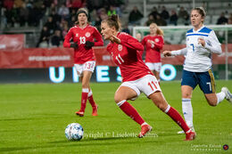 Katrine Veje (#11 Denmark) attacking in the World Cup qualifier Denmark vs Bosnia and Herzegovina at Energi Viborg Arena in Viborg, Denmark