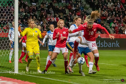 Signe Bruun (#20 Denmark) controlling the ball in the World Cup qualifier Denmark vs Bosnia and Herzegovina at Energi Viborg Arena in Viborg, Denmark