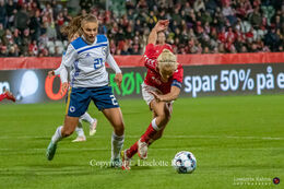 Pernille Harder (#10 Denmark) running for the ball in the World Cup qualifier Denmark vs Bosnia and Herzegovina at Energi Viborg Arena in Viborg, Denmark
