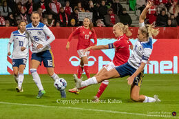 Pernille Harder (#10 Denmark) shooting for goal in the World Cup qualifier Denmark vs Bosnia and Herzegovina at Energi Viborg Arena in Viborg, Denmark