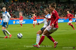 Katrine Veje (#11 Denmark) with a shot in the World Cup qualifier Denmark vs Bosnia and Herzegovina at Energi Viborg Arena in Viborg, Denmark