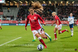 Mille Gejl Jensen (#21 Denmark) controlling the ball in the World Cup qualifier Denmark vs Bosnia and Herzegovina at Energi Viborg Arena in Viborg, Denmark
