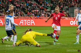Nanna Christiansen (#6 Denmark) battling for the ball in the World Cup qualifier Denmark vs Bosnia and Herzegovina at Energi Viborg Arena in Viborg, Denmark