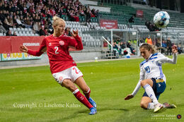 Sara Thrige (#2 Denmark) with a shot in the World Cup qualifier Denmark vs Bosnia and Herzegovina at Energi Viborg Arena in Viborg, Denmark