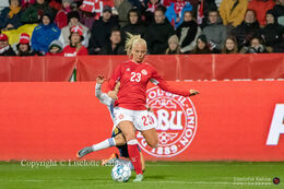 Sofie Svava (#23 Denmark) battling for the ball in the World Cup qualifier Denmark vs Bosnia and Herzegovina at Energi Viborg Arena in Viborg, Denmark