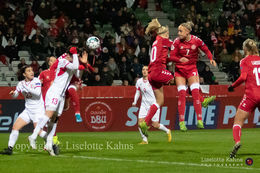 Denmark vs. Georgia. Pernille Harder and Sanne Troelsgaard in action.