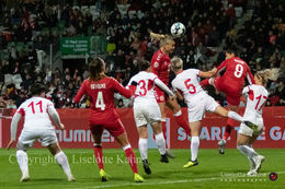 WMS NT, Denmark vs. Georgia. Viborg 2019. Stine Larsen and Nadia Nadim in action in front of Georgia's goal.