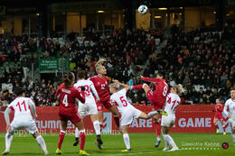 WMS NT, Denmark vs. Georgia. Viborg 2019. Stine Larsen and Nadia Nadim in action in front of Georgia's goal