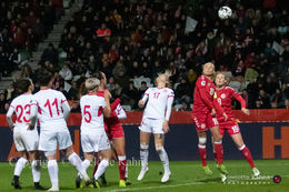 WMS NT, Denmark vs. Georgia. Viborg 2019. Pernille Harder heading the ball towards goal