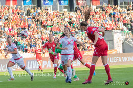 WMS NT, Denmark vs. Malta, Viborg 2019. Nikoline Sørensen heads the ball towards goal